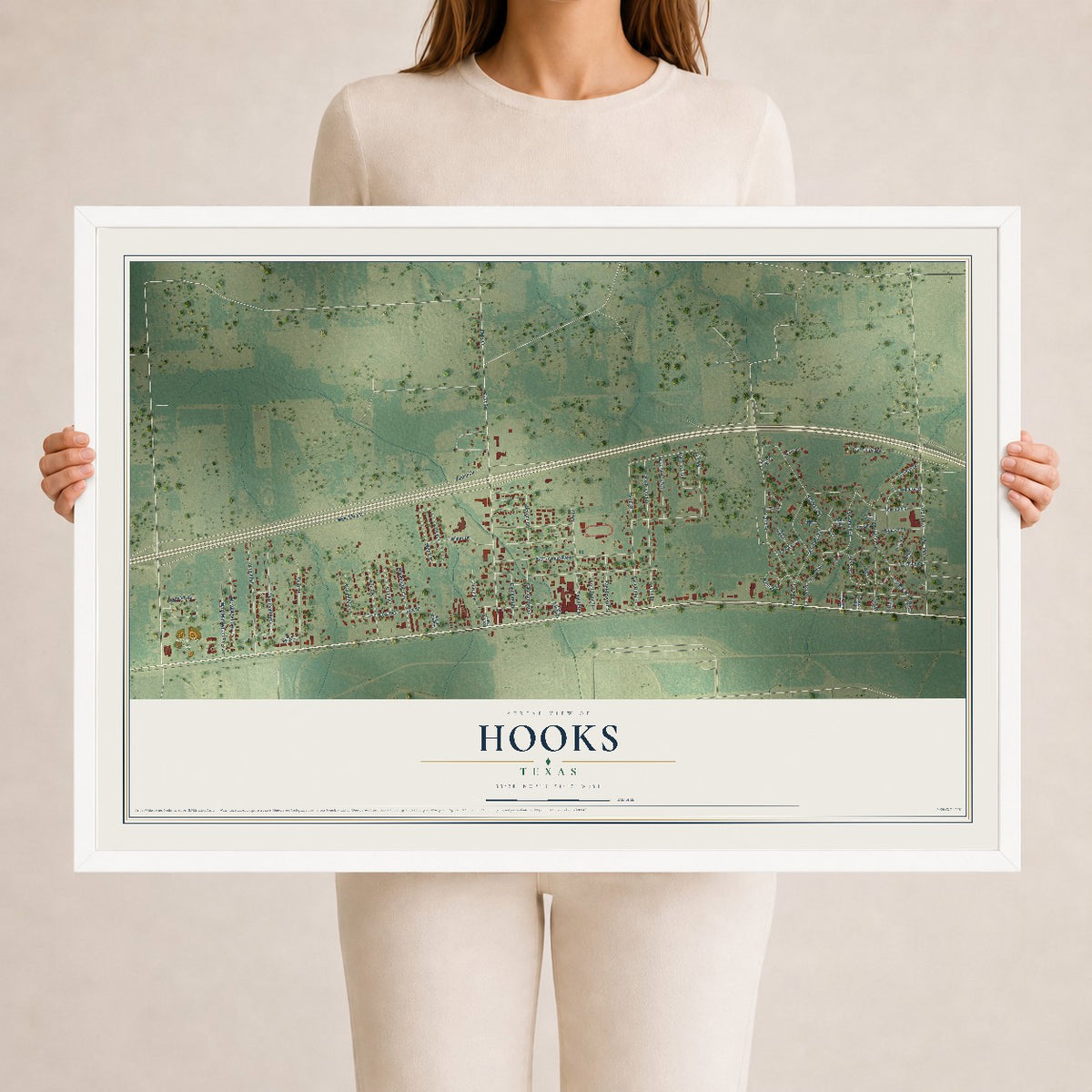 Map of Hooks, Texas, 24 x 36 inch print in a white wood frame