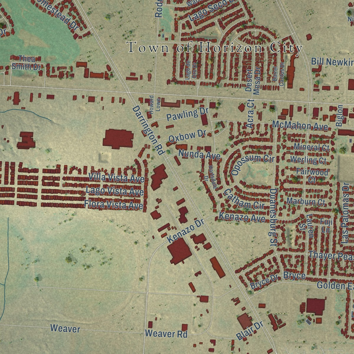 Close-up of the map of Horizon City, Texas print showing street and building detail