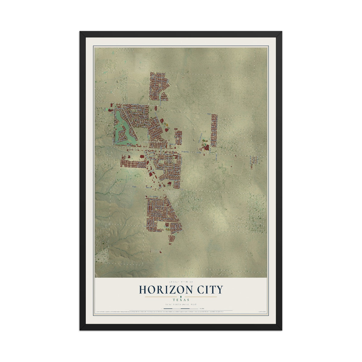 Map of Horizon City, Texas, 12 x 18 inch print in a black wood frame