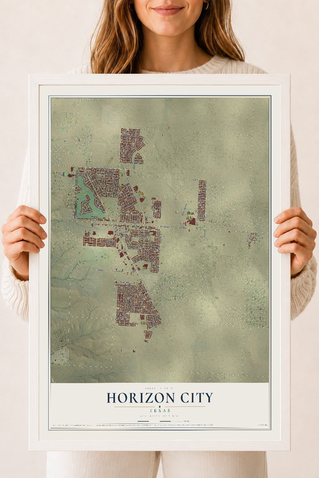 Map of Horizon City, Texas, 18 x 24 inch print in a white wood frame