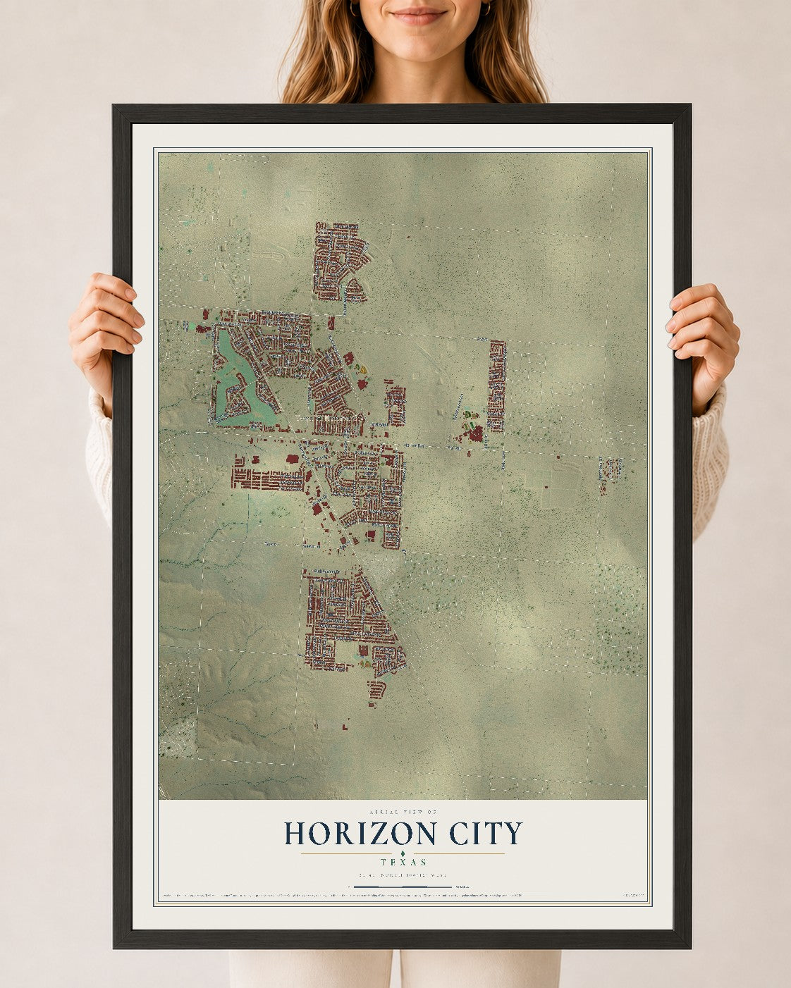 Map of Horizon City, Texas, 24 x 36 inch print in a black wood frame