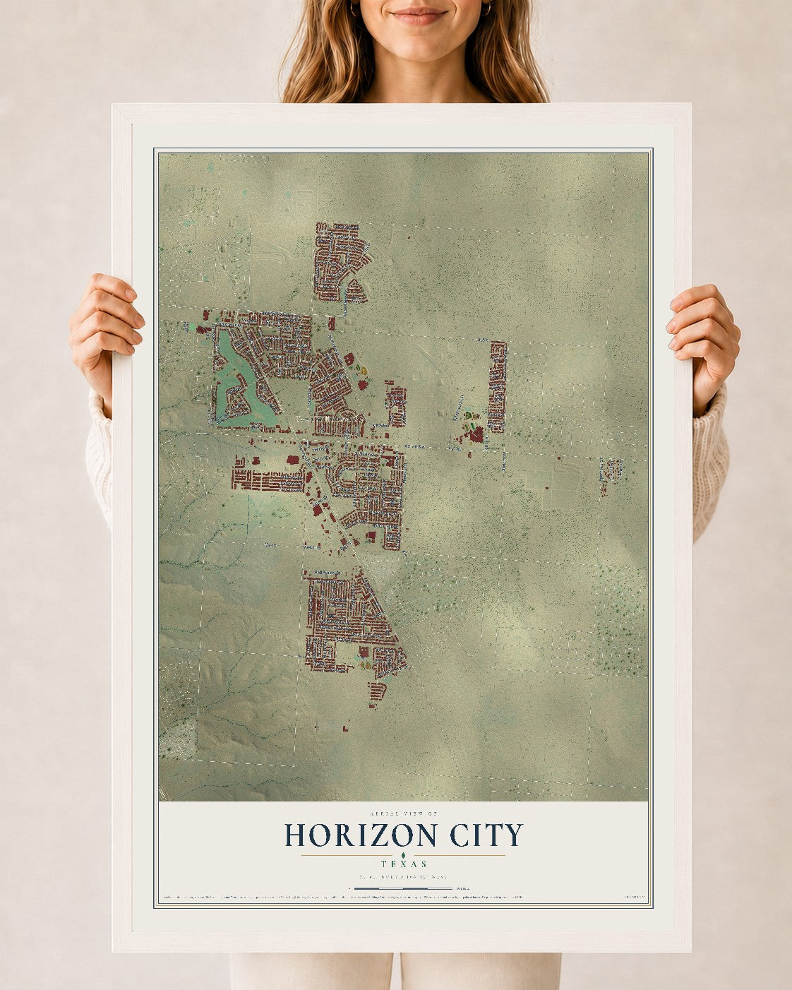 Map of Horizon City, Texas, 24 x 36 inch print in a white wood frame