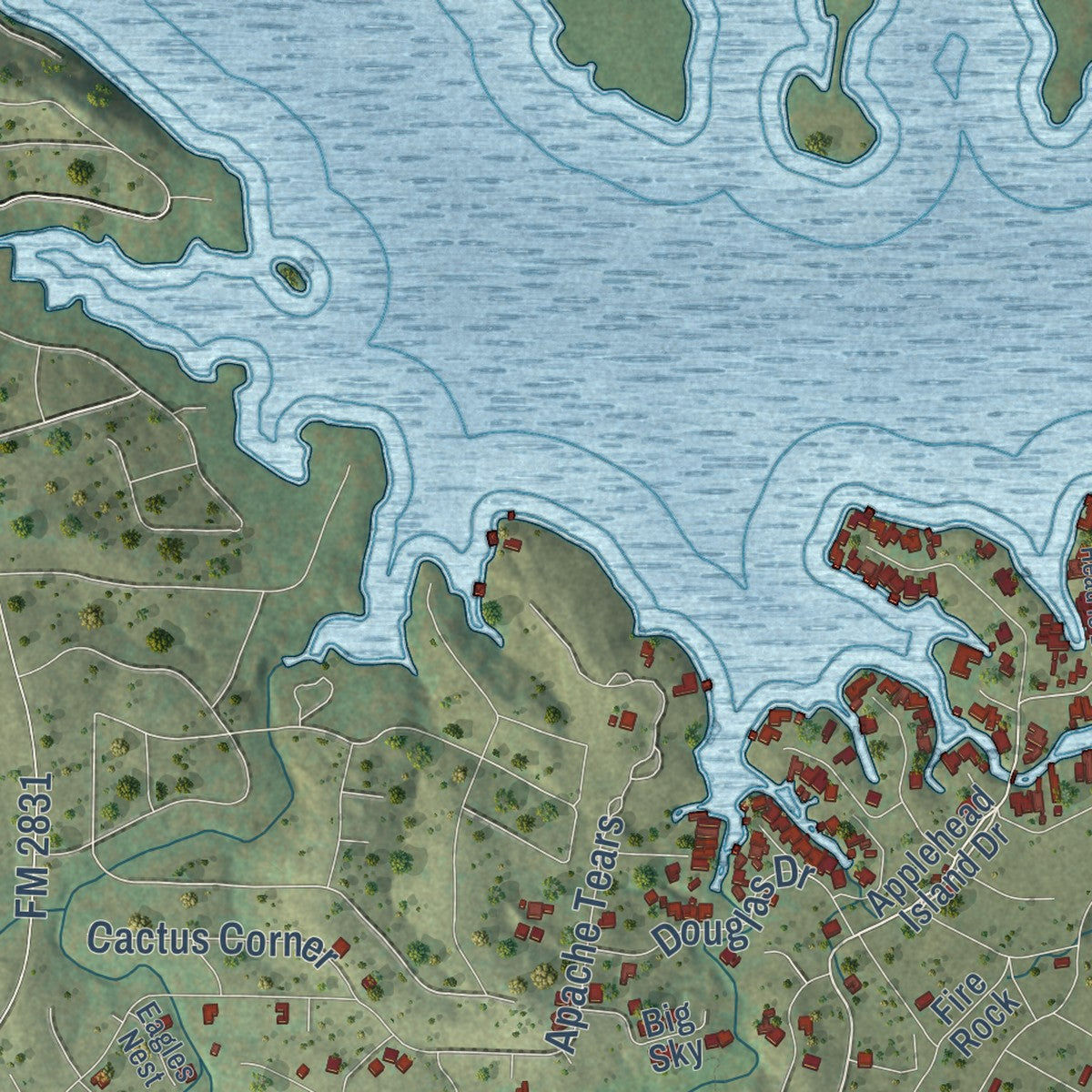 Second close-up of the map of Horseshoe Bay, Texas print showing more streets and buildings