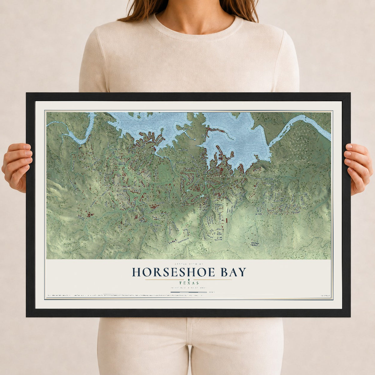 Map of Horseshoe Bay, Texas, 12 x 18 inch print in a black wood frame