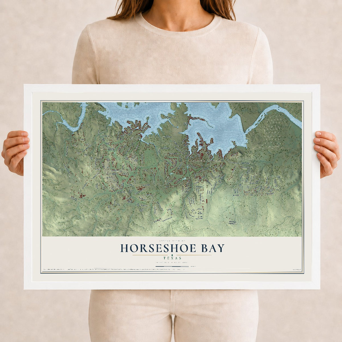 Map of Horseshoe Bay, Texas, 12 x 18 inch print in a white wood frame