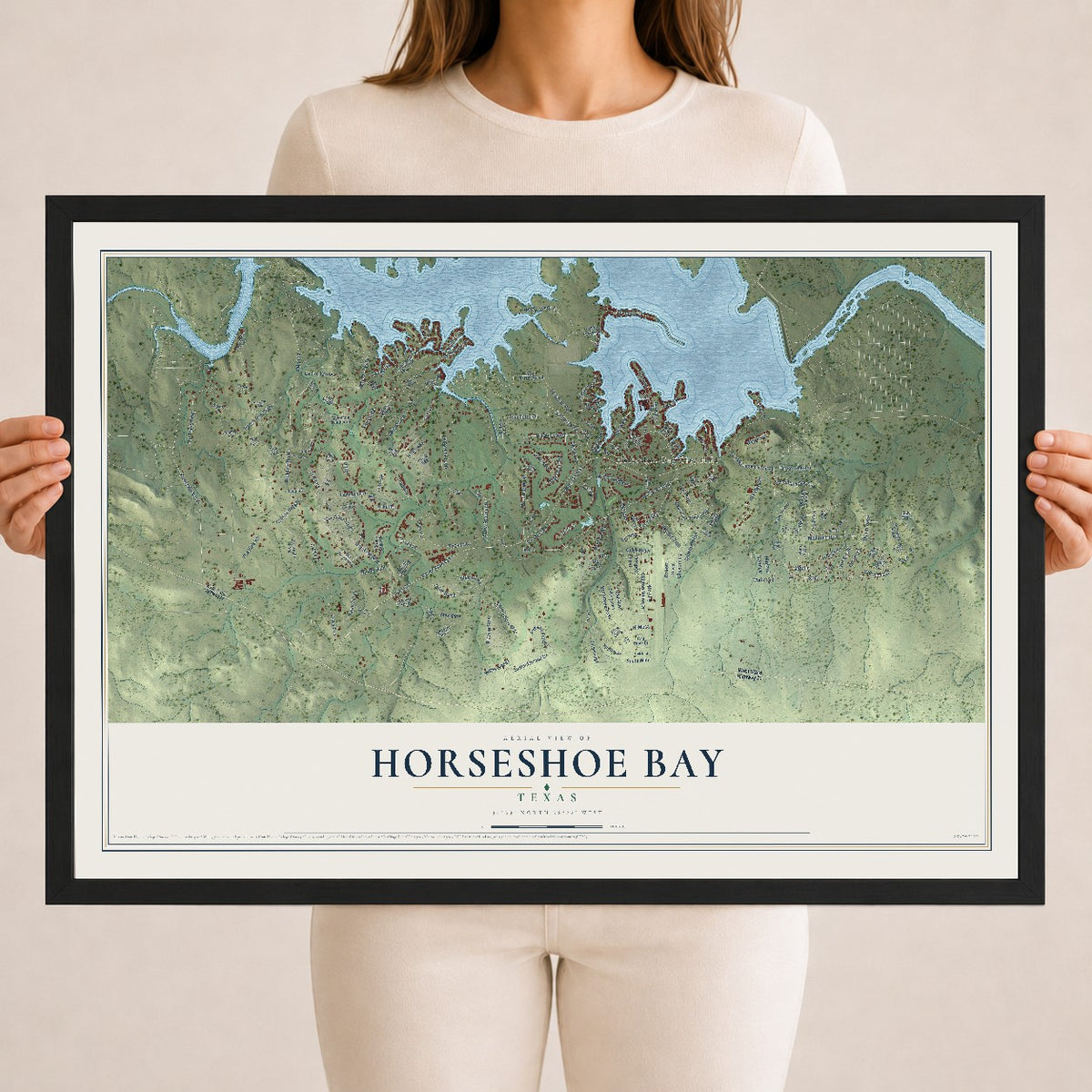 Map of Horseshoe Bay, Texas, 18 x 24 inch print in a black wood frame