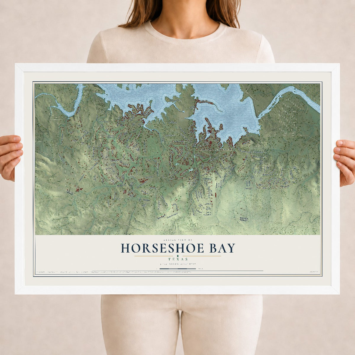 Map of Horseshoe Bay, Texas, 18 x 24 inch print in a white wood frame