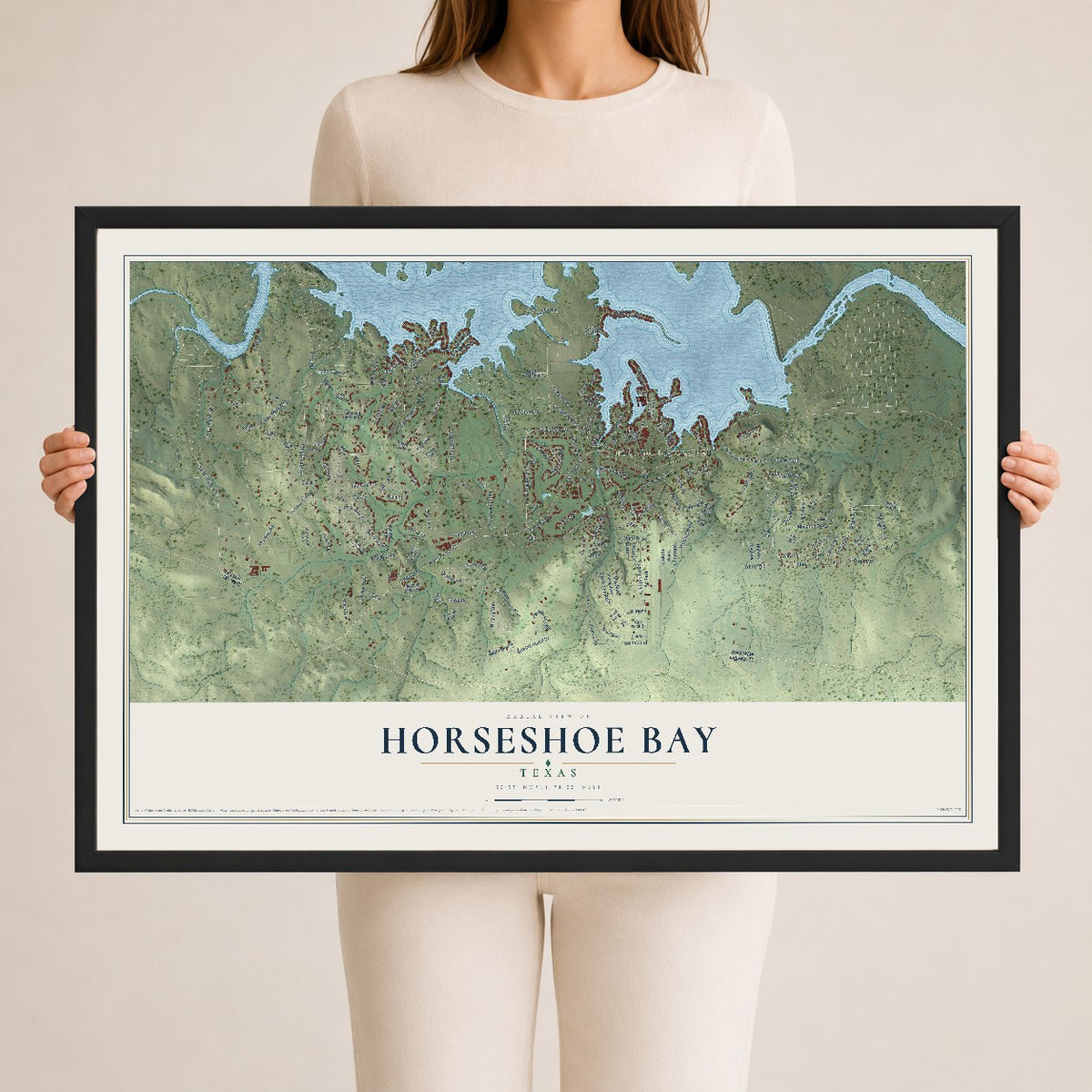 Map of Horseshoe Bay, Texas, 24 x 36 inch print in a black wood frame