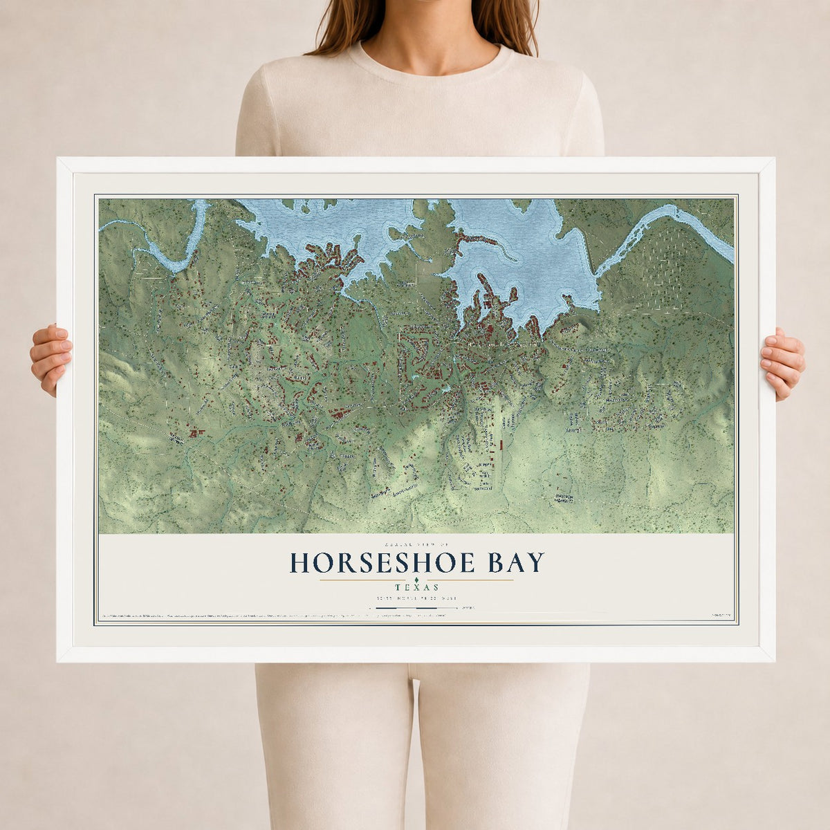 Map of Horseshoe Bay, Texas, 24 x 36 inch print in a white wood frame