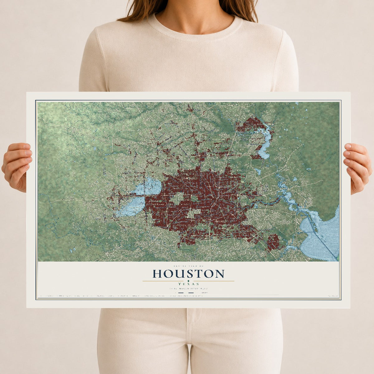 Map of Houston, Texas, 12 x 18 inch unframed archival matte print