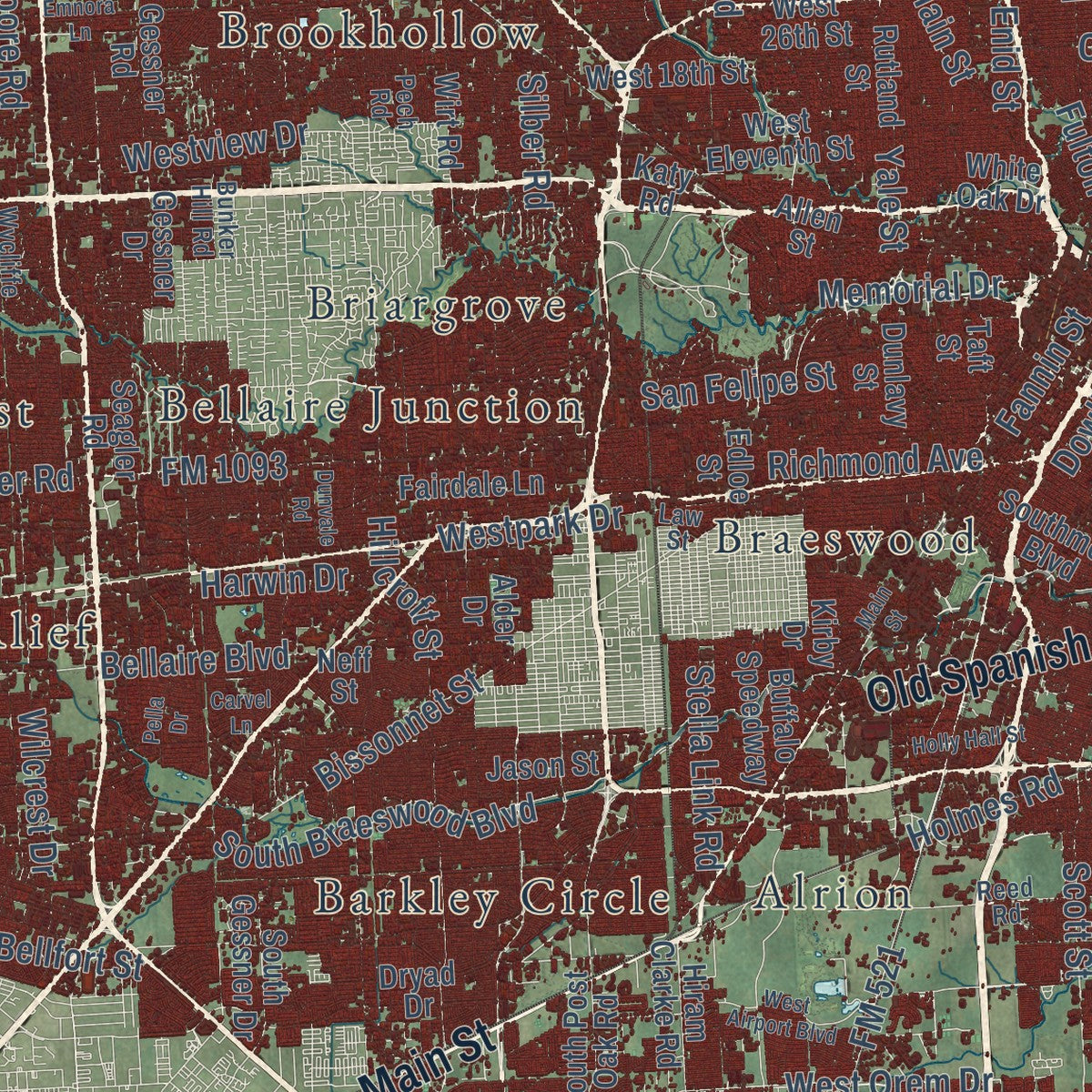 Close-up of the map of Houston, Texas print showing street and building detail