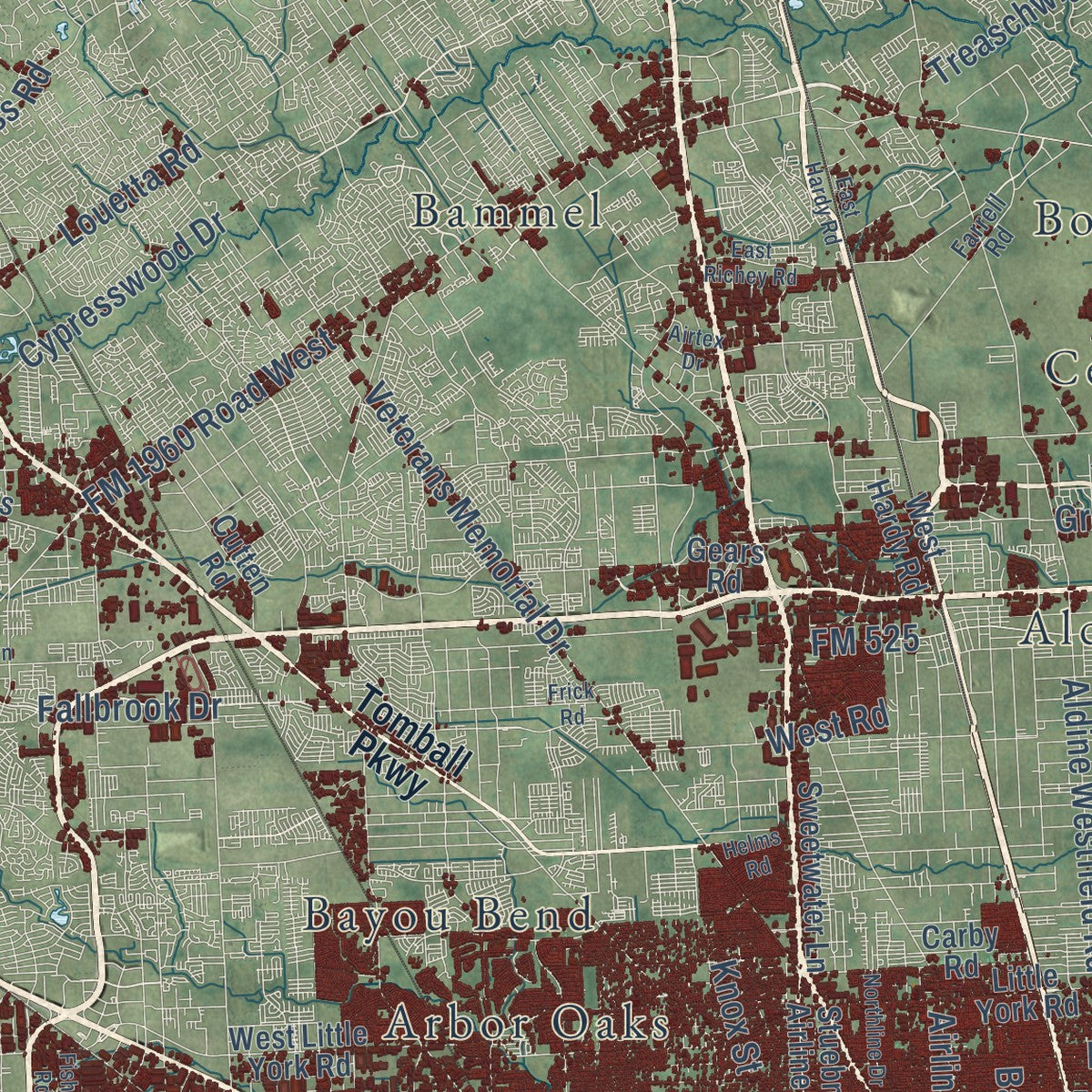 Second close-up of the map of Houston, Texas print showing more streets and buildings