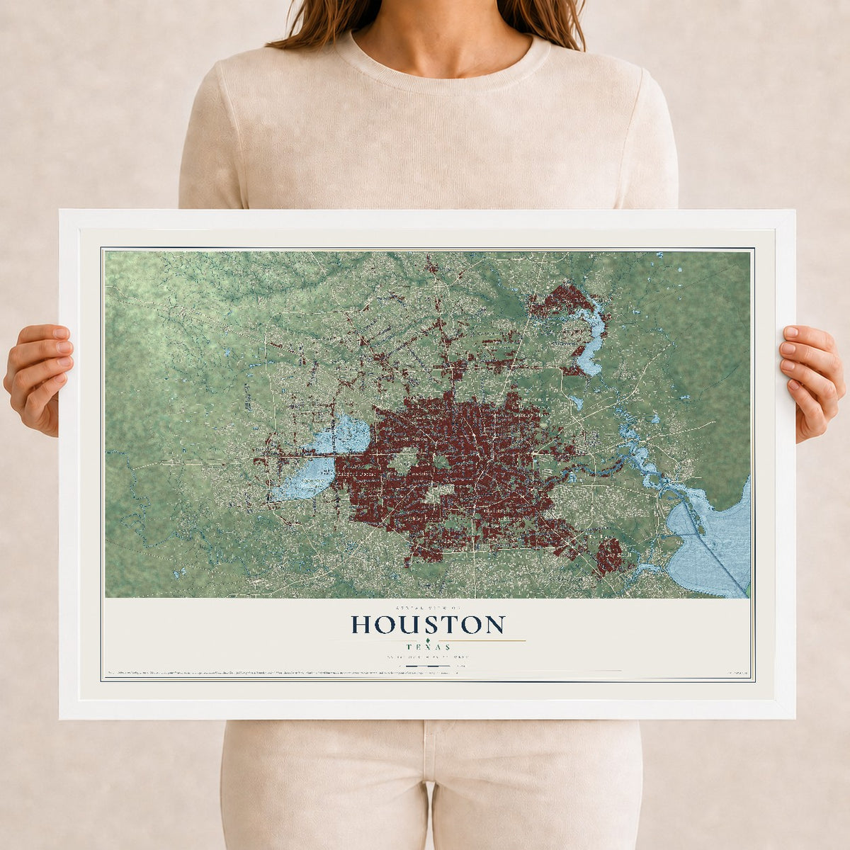 Map of Houston, Texas, 12 x 18 inch print in a white wood frame