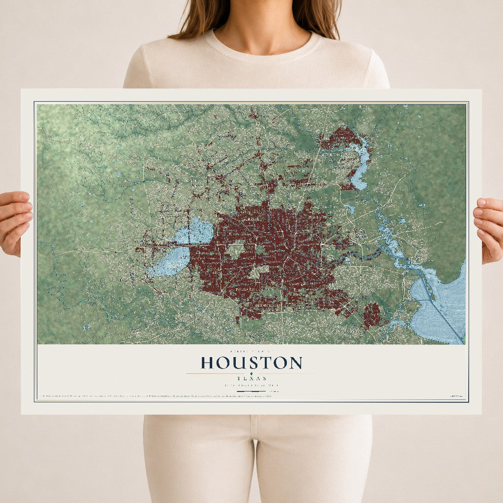 Map of Houston, Texas, 18 x 24 inch unframed archival matte print