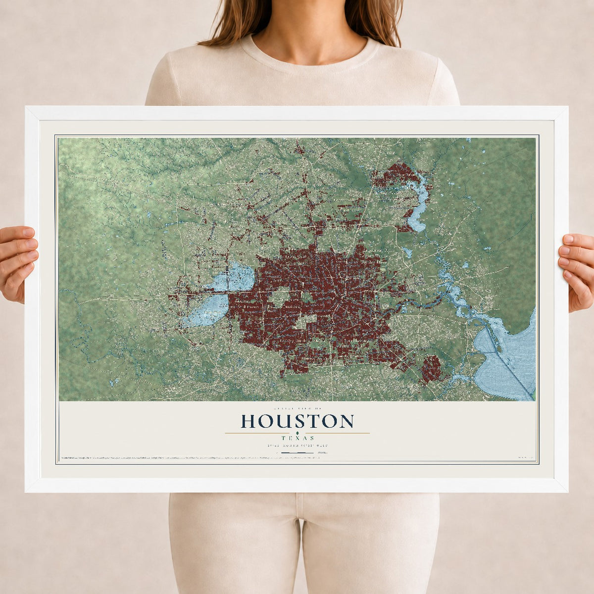 Map of Houston, Texas, 18 x 24 inch print in a white wood frame