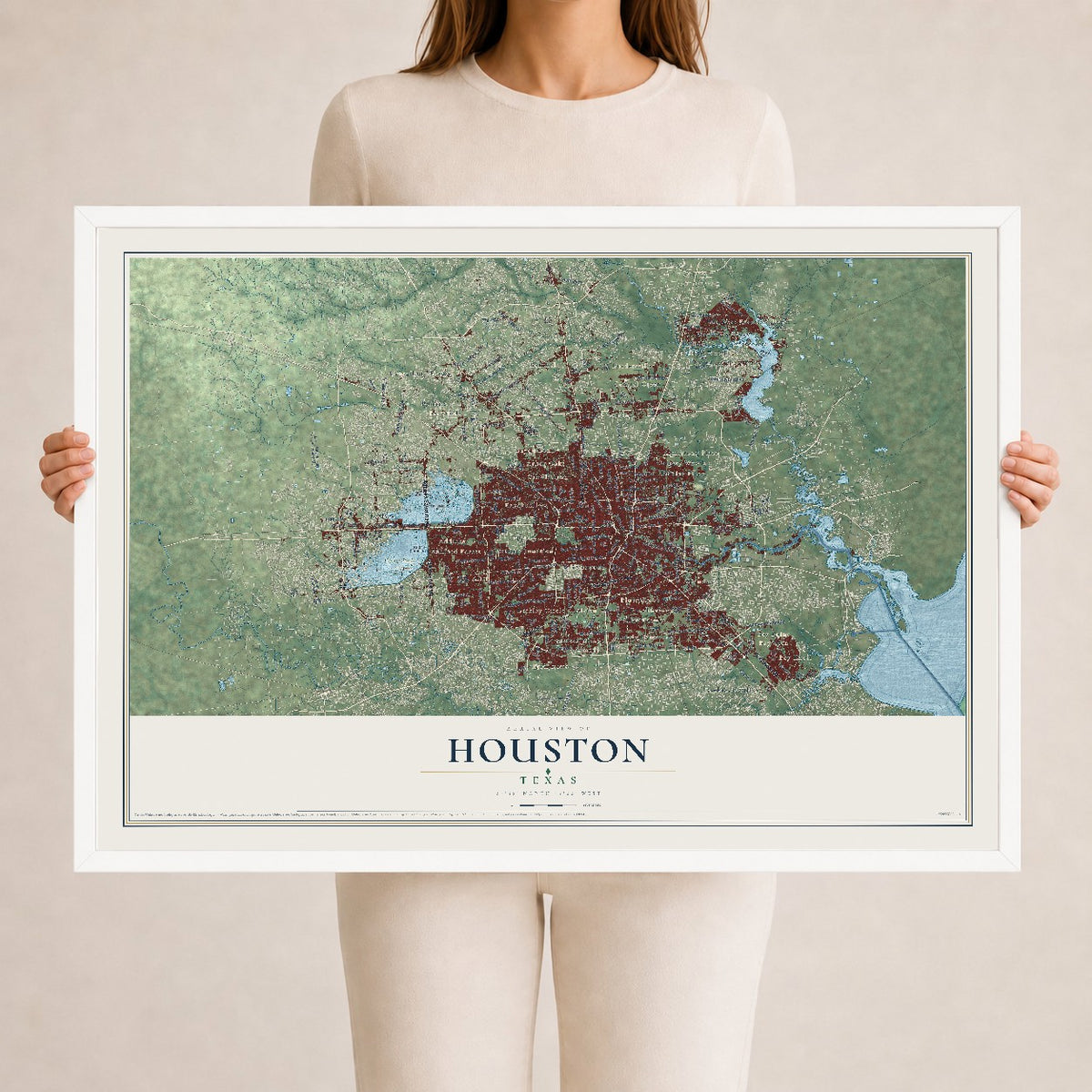 Map of Houston, Texas, 24 x 36 inch print in a white wood frame