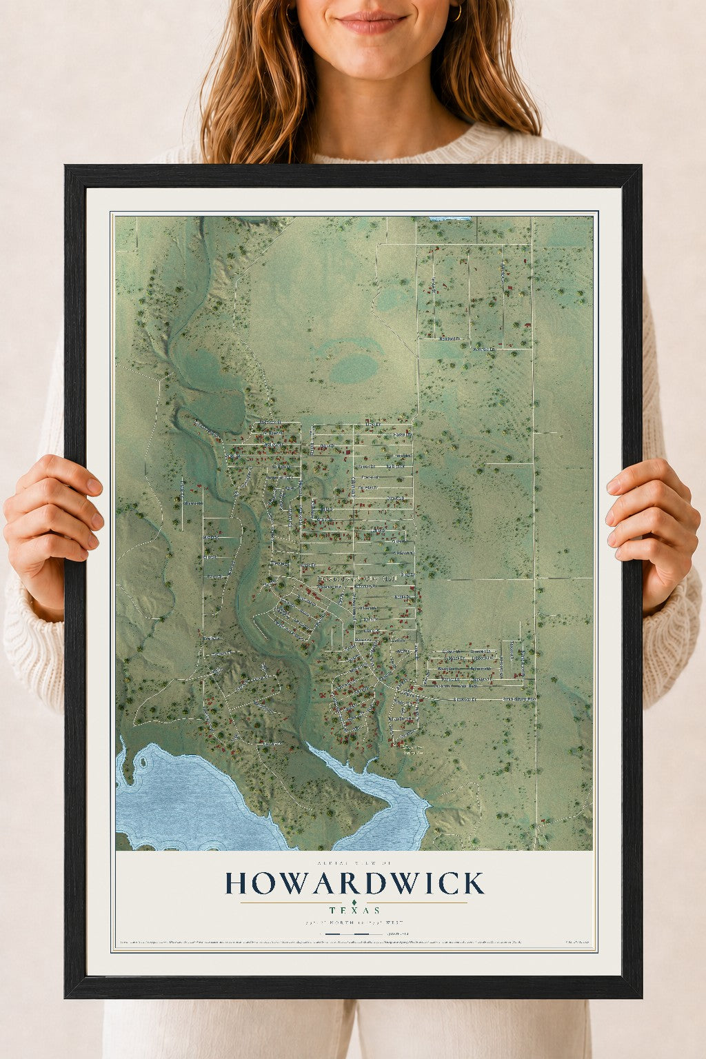 Map of Howardwick, Texas, 18 x 24 inch print in a black wood frame