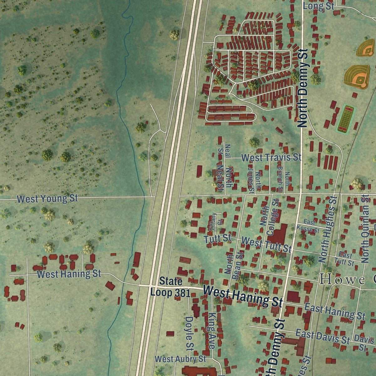 Close-up of the map of Howe, Texas print showing street and building detail