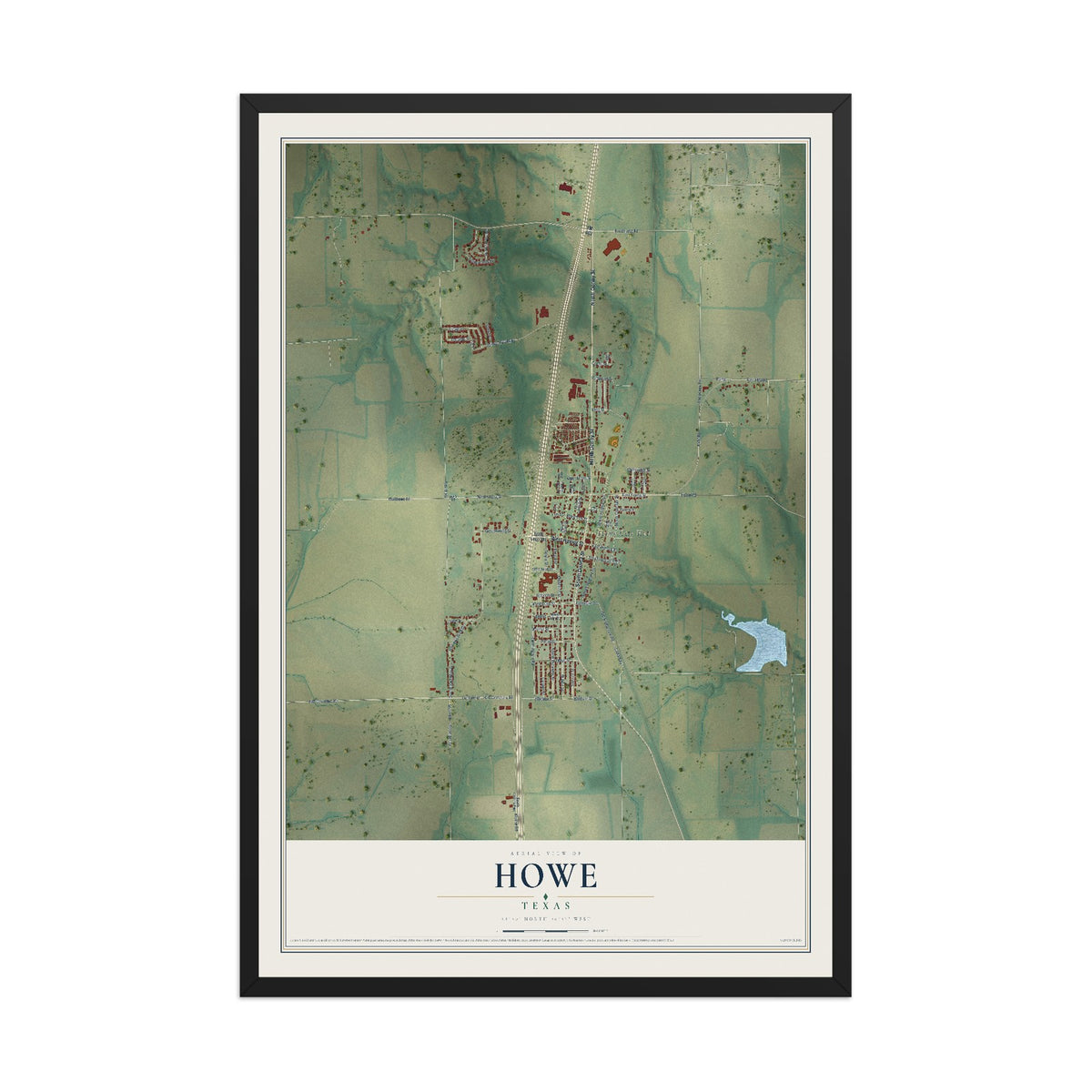 Map of Howe, Texas, 12 x 18 inch print in a black wood frame