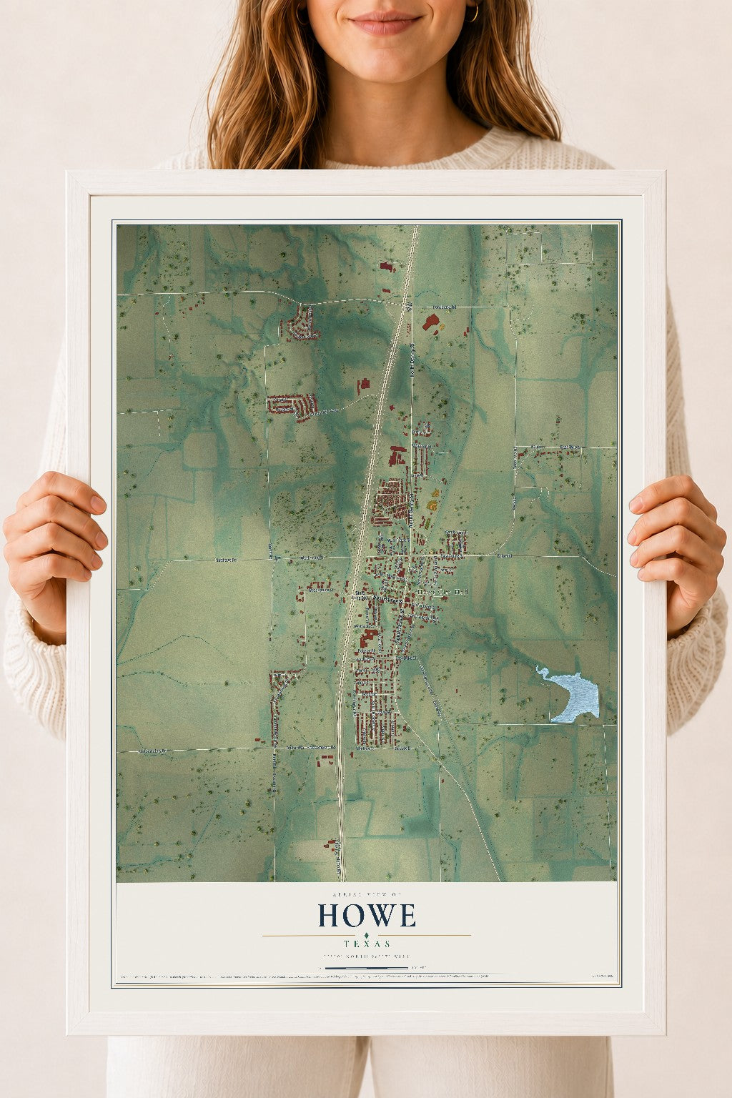 Map of Howe, Texas, 18 x 24 inch print in a white wood frame