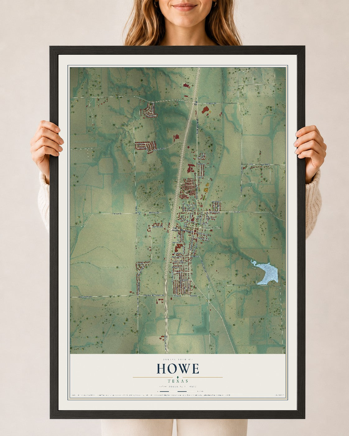 Map of Howe, Texas, 24 x 36 inch print in a black wood frame