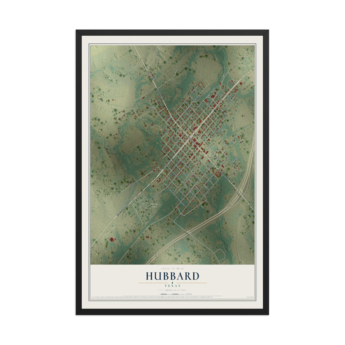 Map of Hubbard, Texas, 12 x 18 inch print in a black wood frame