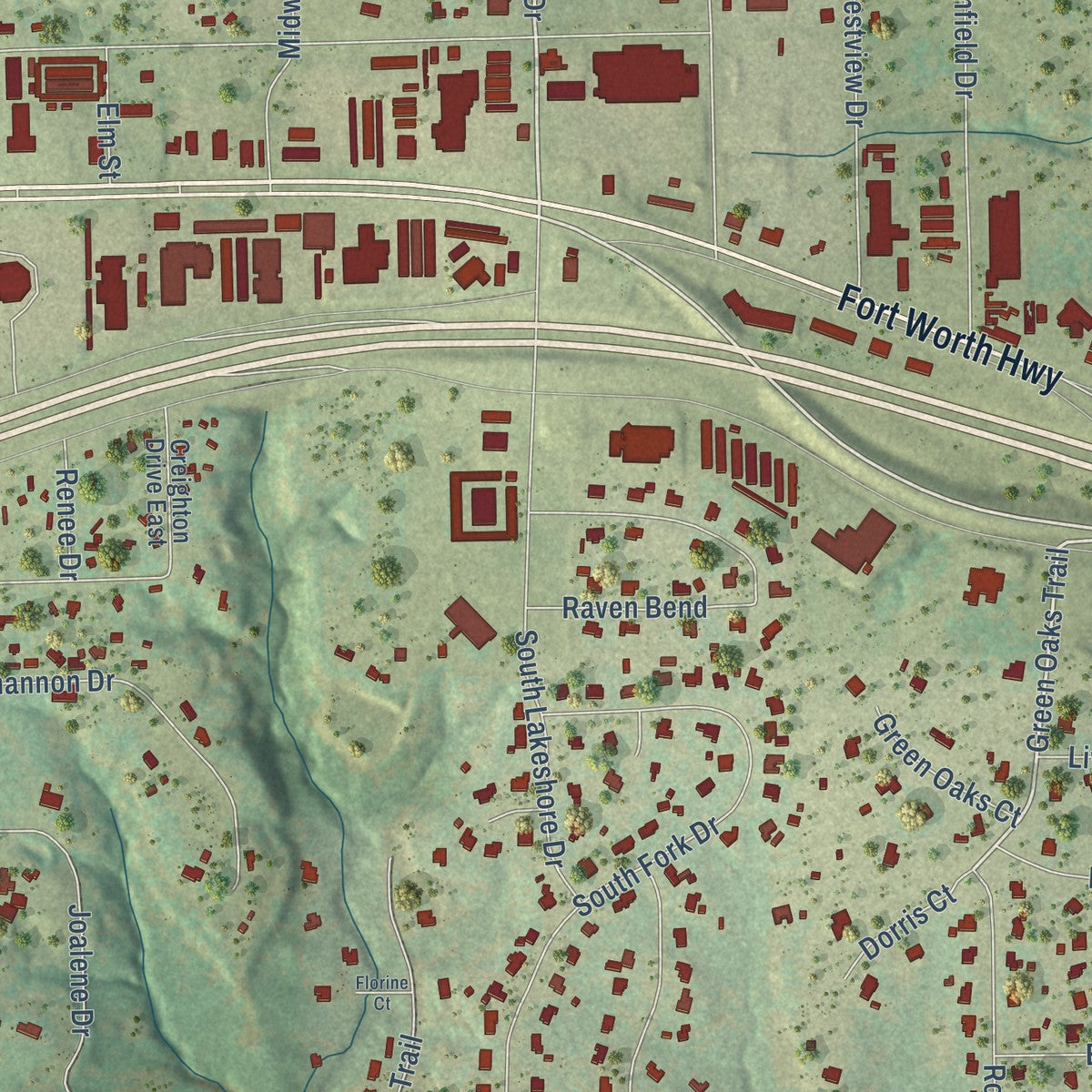 Close-up of the map of Hudson Oaks, Texas print showing street and building detail
