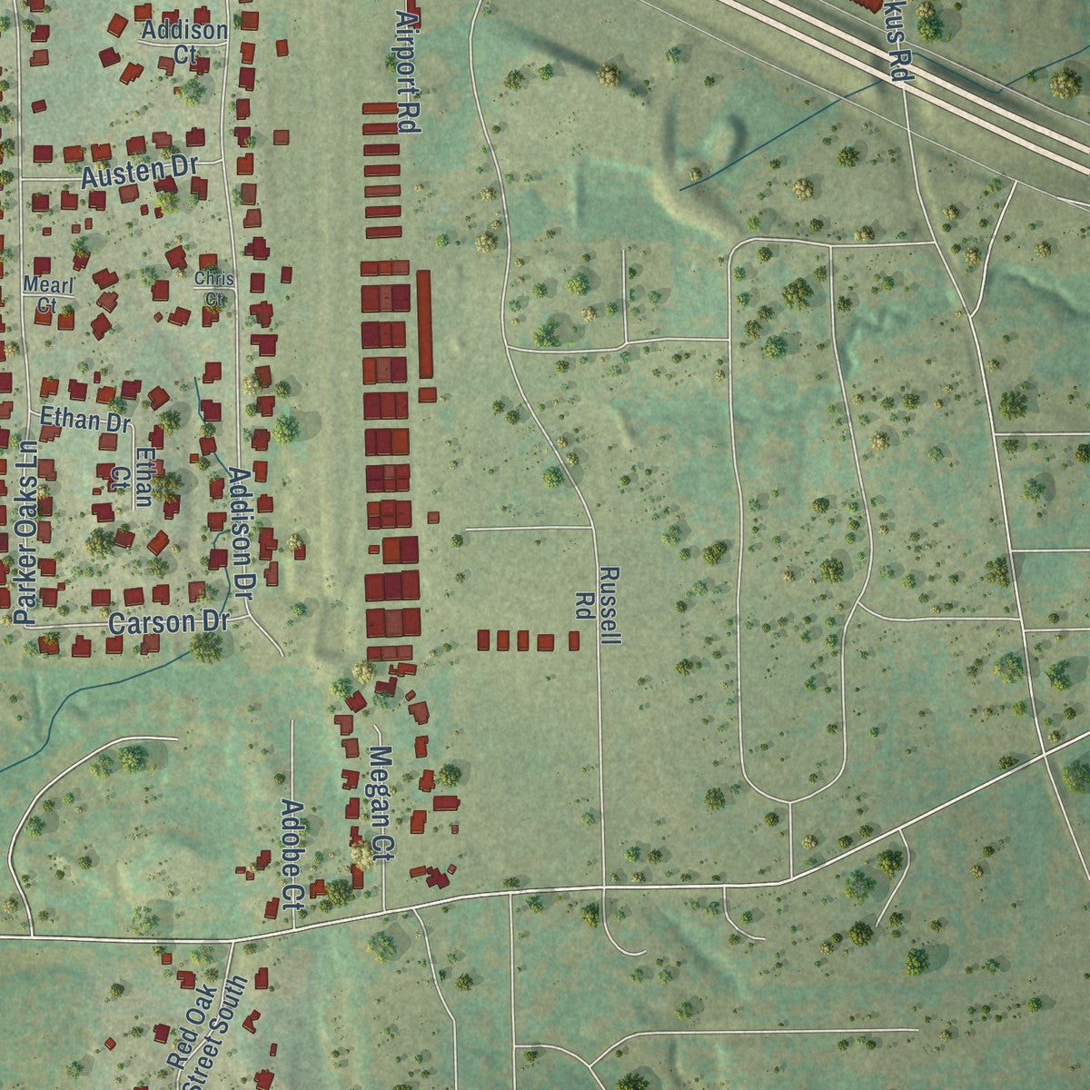 Second close-up of the map of Hudson Oaks, Texas print showing more streets and buildings