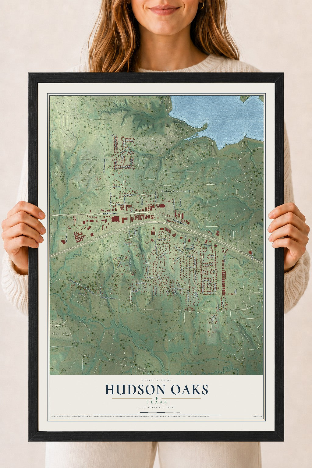 Map of Hudson Oaks, Texas, 18 x 24 inch print in a black wood frame