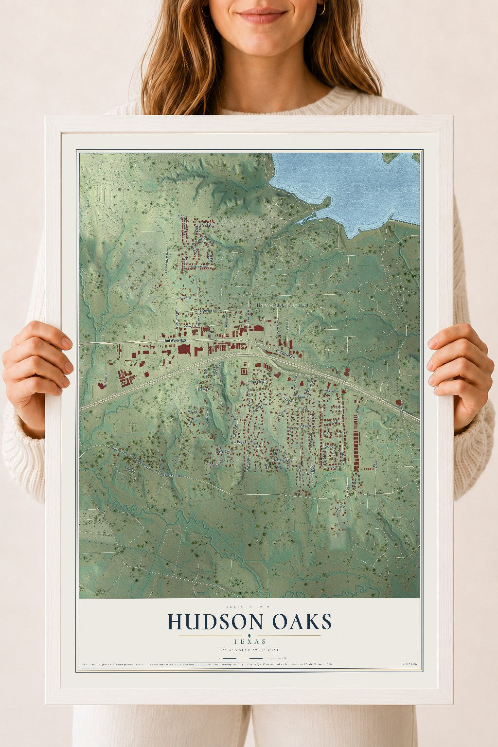 Map of Hudson Oaks, Texas, 18 x 24 inch print in a white wood frame