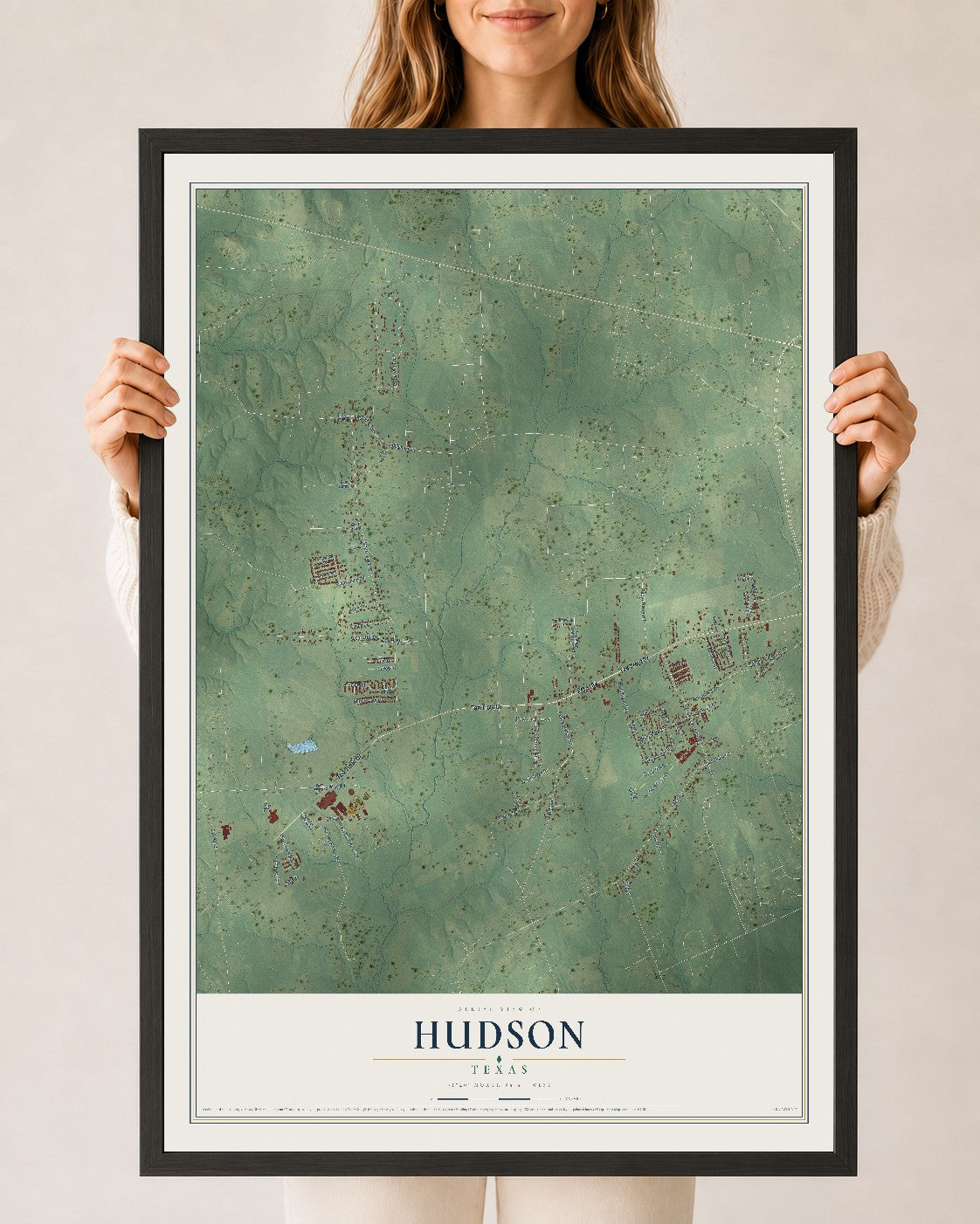 Map of Hudson, Texas, 24 x 36 inch print in a black wood frame