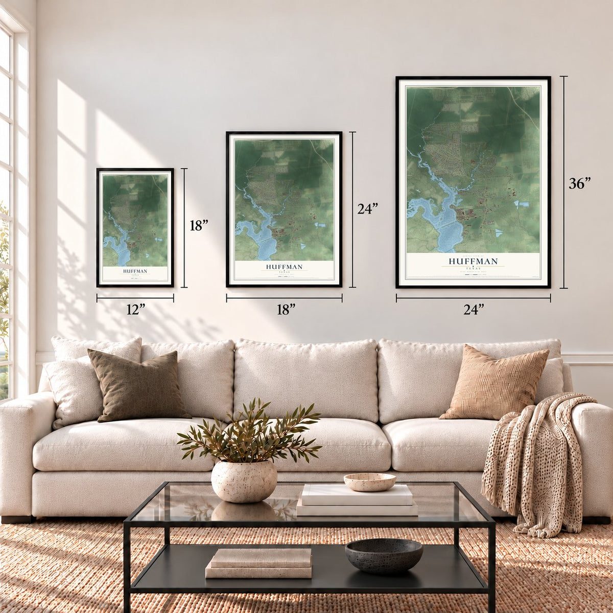 Huffman, Texas map in 12 x 18, 18 x 24 and 24 x 36 inch sizes above a sofa