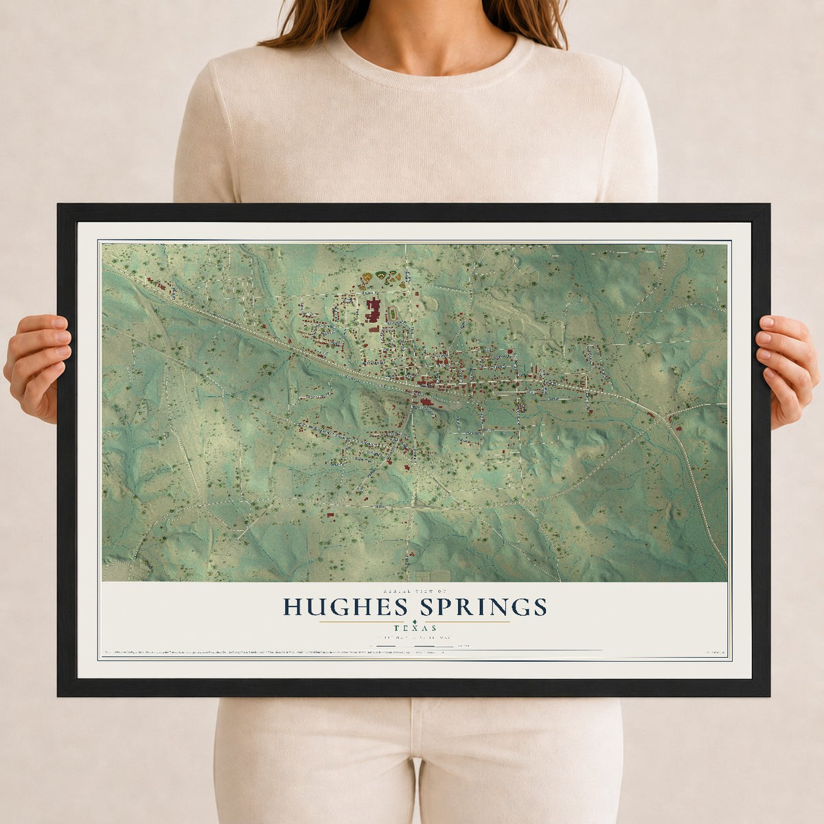 Map of Hughes Springs, Texas, 12 x 18 inch print in a black wood frame