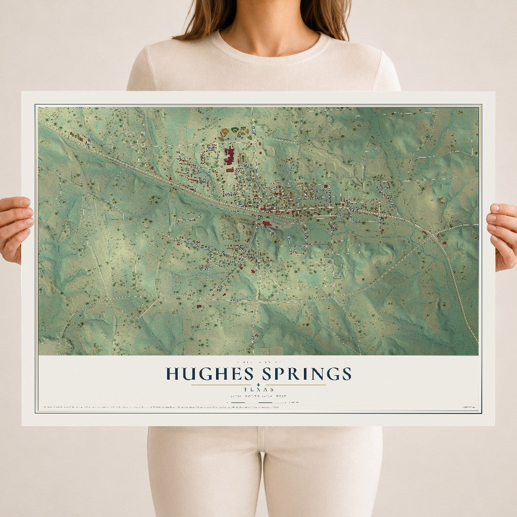 Map of Hughes Springs, Texas, 18 x 24 inch unframed archival matte print