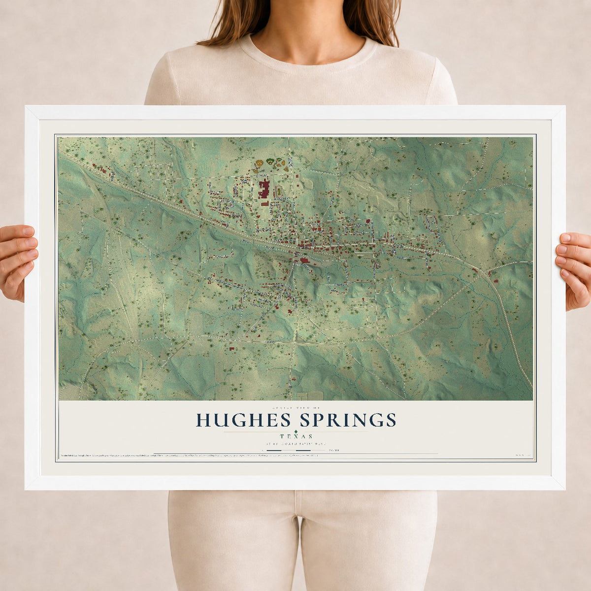 Map of Hughes Springs, Texas, 18 x 24 inch print in a white wood frame