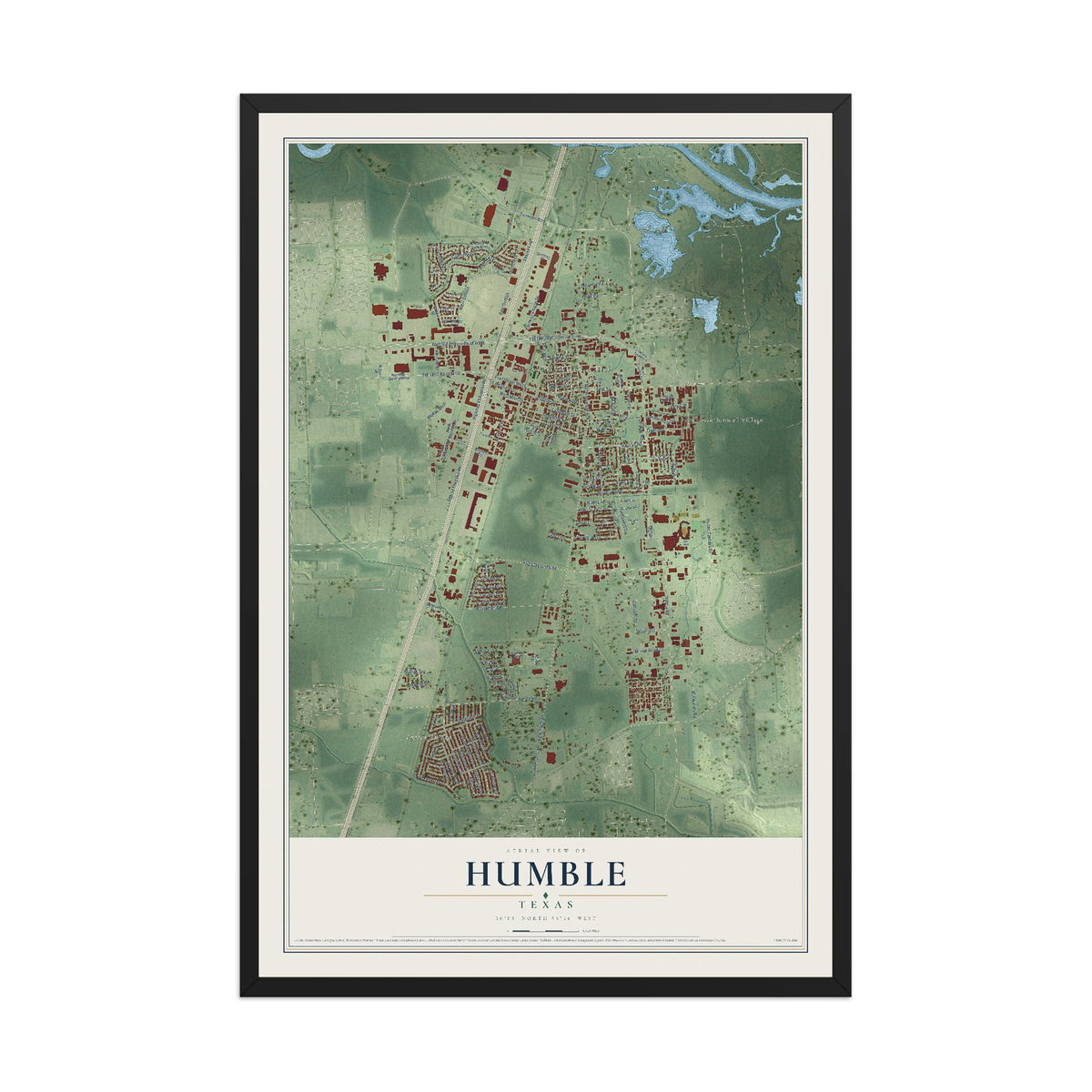 Map of Humble, Texas, 12 x 18 inch print in a black wood frame