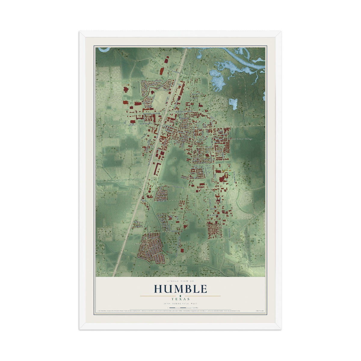 Map of Humble, Texas, 12 x 18 inch print in a white wood frame