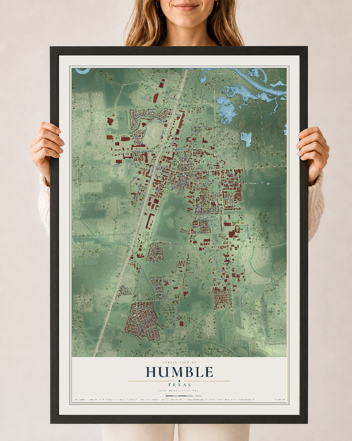 Map of Humble, Texas, 24 x 36 inch print in a black wood frame