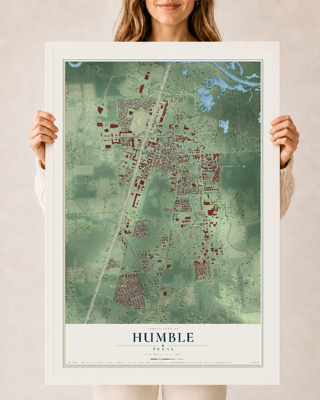 Map of Humble, Texas, 24 x 36 inch print in a white wood frame