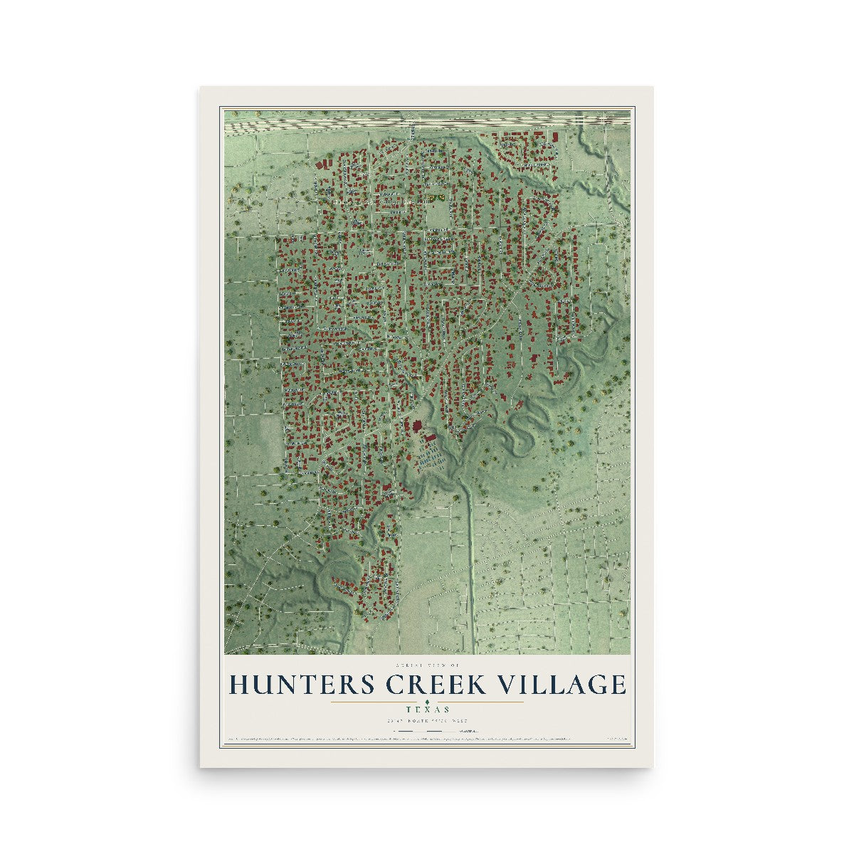 Map of Hunters Creek Village, Texas, 12 x 18 inch unframed archival matte print