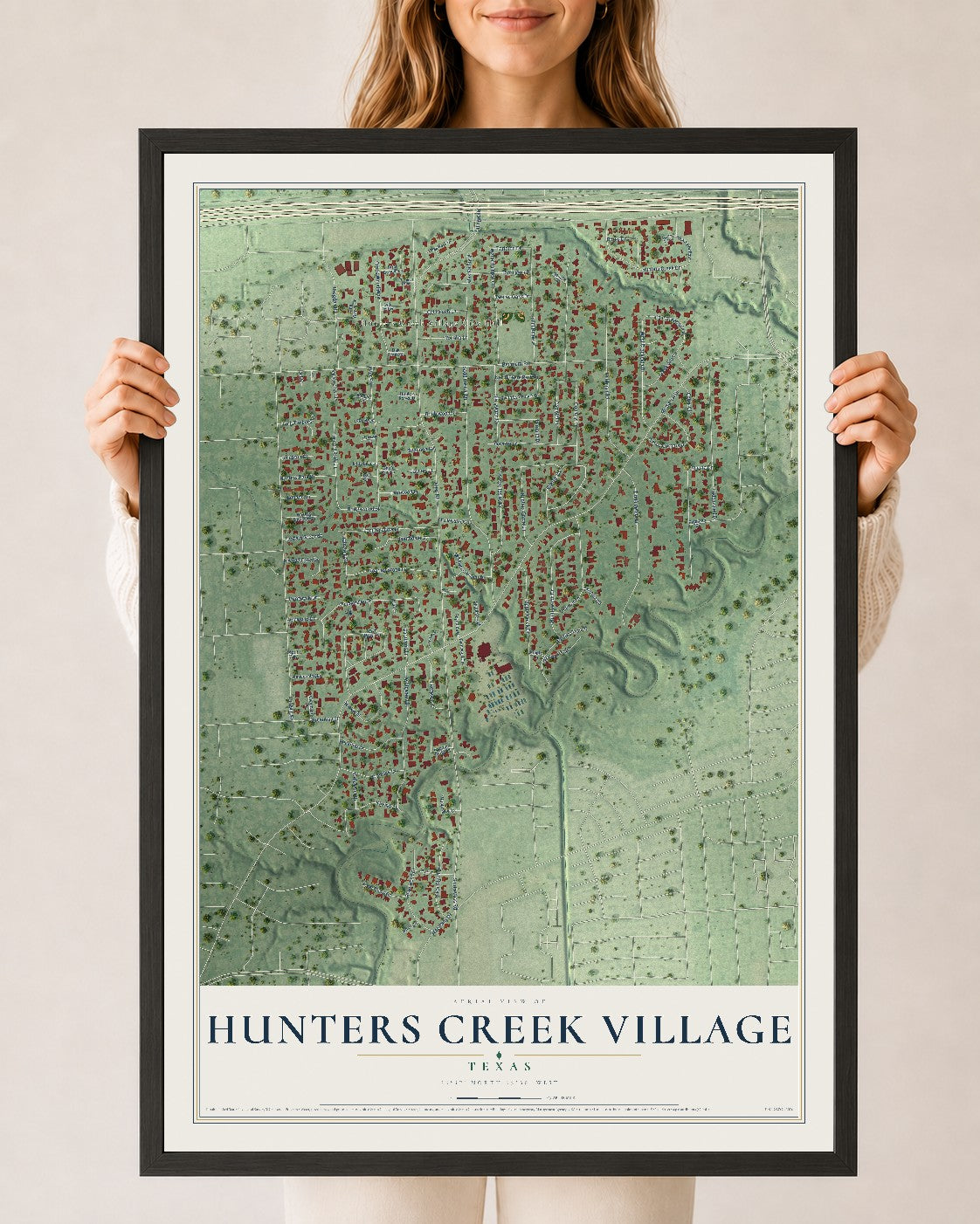 Map of Hunters Creek Village, Texas, 24 x 36 inch print in a black wood frame