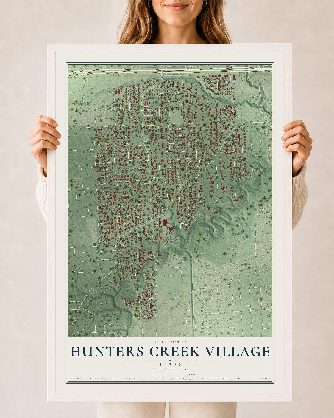 Map of Hunters Creek Village, Texas, 24 x 36 inch print in a white wood frame