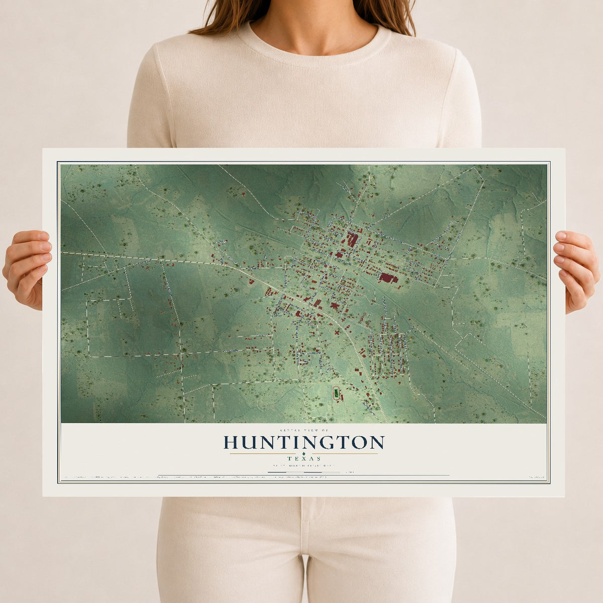 Map of Huntington, Texas, 12 x 18 inch unframed archival matte print