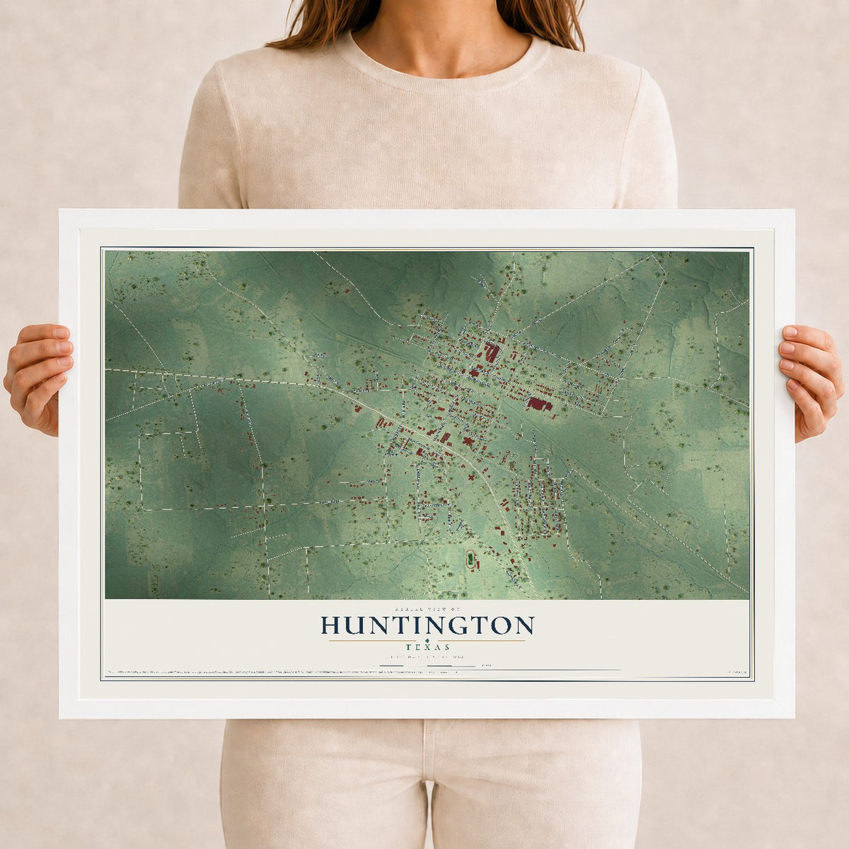 Map of Huntington, Texas, 12 x 18 inch print in a white wood frame