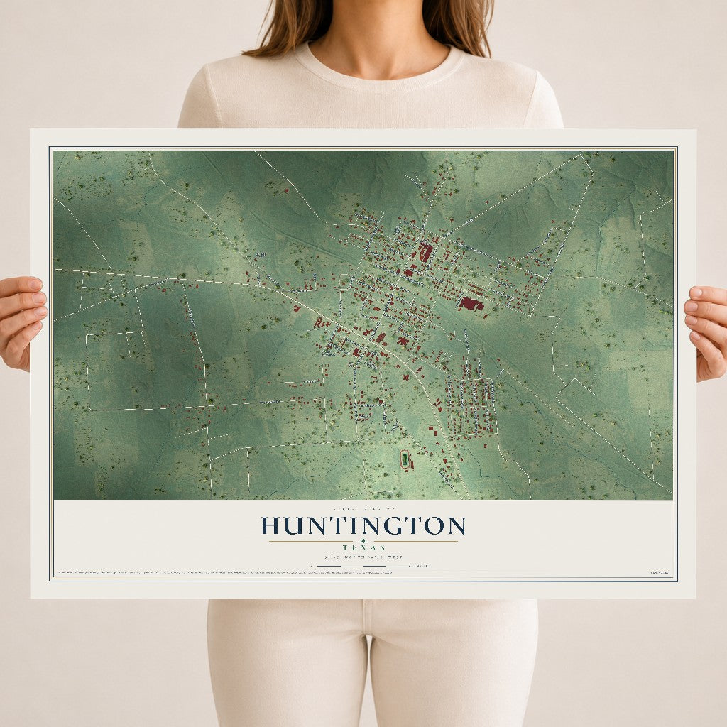 Map of Huntington, Texas, 18 x 24 inch unframed archival matte print