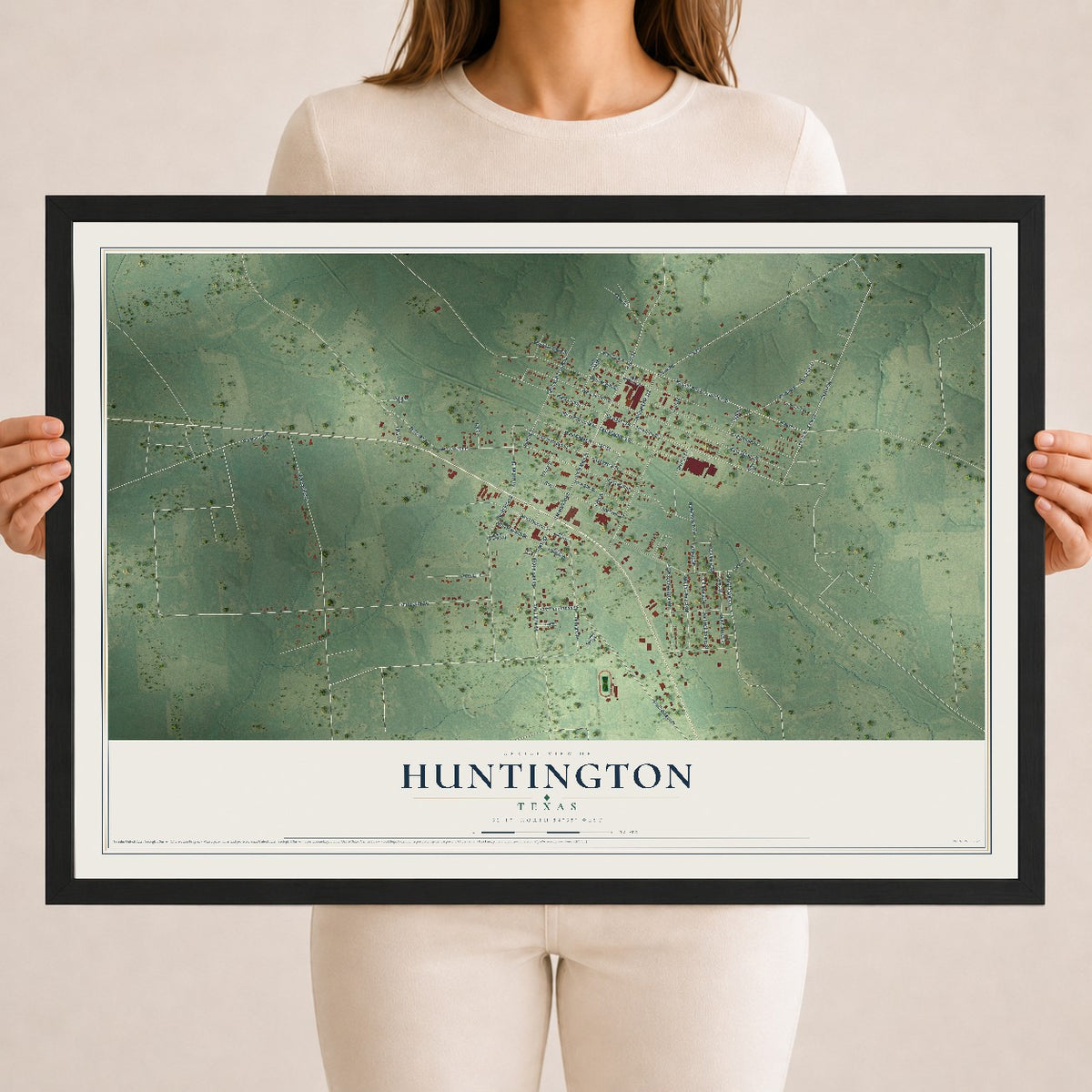 Map of Huntington, Texas, 18 x 24 inch print in a black wood frame