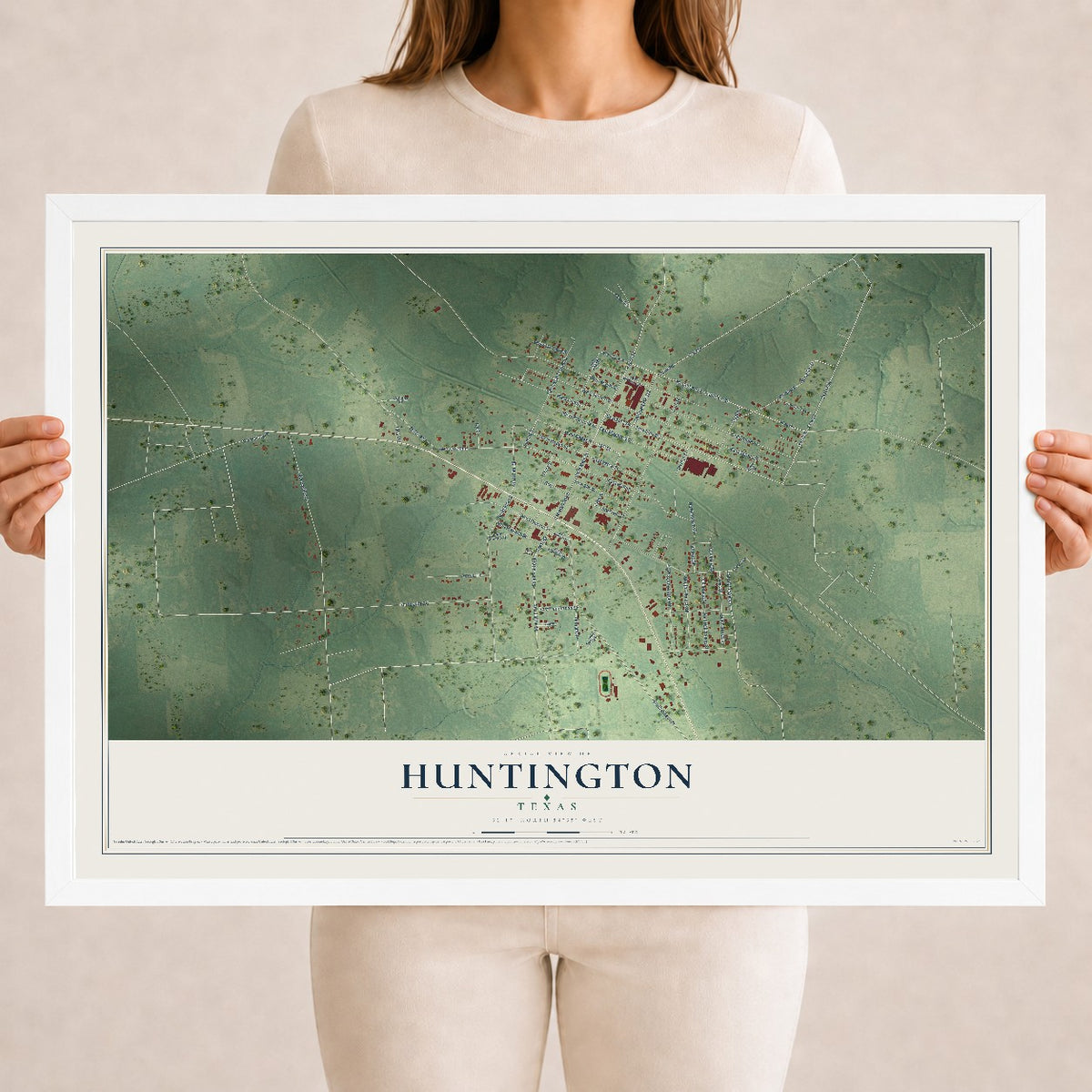 Map of Huntington, Texas, 18 x 24 inch print in a white wood frame