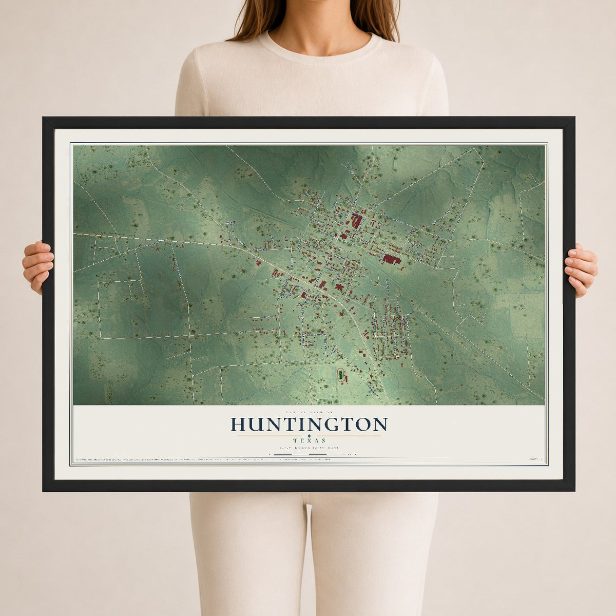 Map of Huntington, Texas, 24 x 36 inch print in a black wood frame