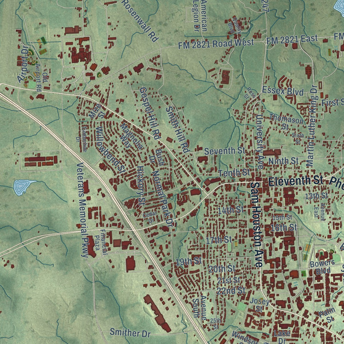 Close-up of the map of Huntsville, Texas print showing street and building detail
