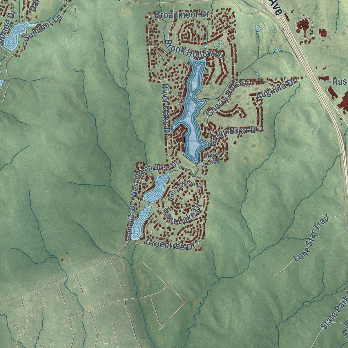 Second close-up of the map of Huntsville, Texas print showing more streets and buildings
